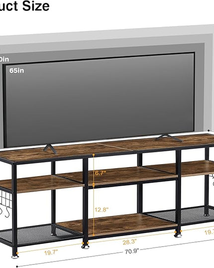 VECELO 70" TV Stand for 65/70/75 Inch Television, Entertainment Center with Storage Shelves & Hooks, 3-Tier Modern Wooden Console Table for Living, Bedroom and Gaming Room, Rustic Brown - LeafyLoom