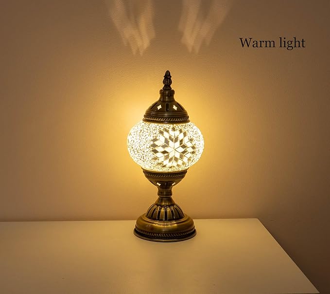 Turkish Mosaic Lamp Bohemian Tiffany Style Moroccan Bedside Lamps for Bedroom (White) - LeafyLoom