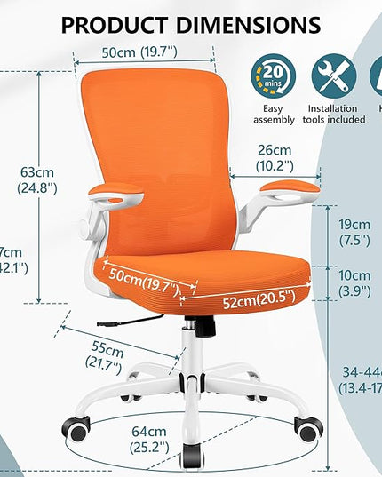 MINLOVE Office Chair Ergonomic Desk Chair with Adjustable Lumbar Support and Height, 90° Flip-up Armrests, Ergo Desk Chairs with Wheels, Home Work Use (Orange) - LeafyLoom