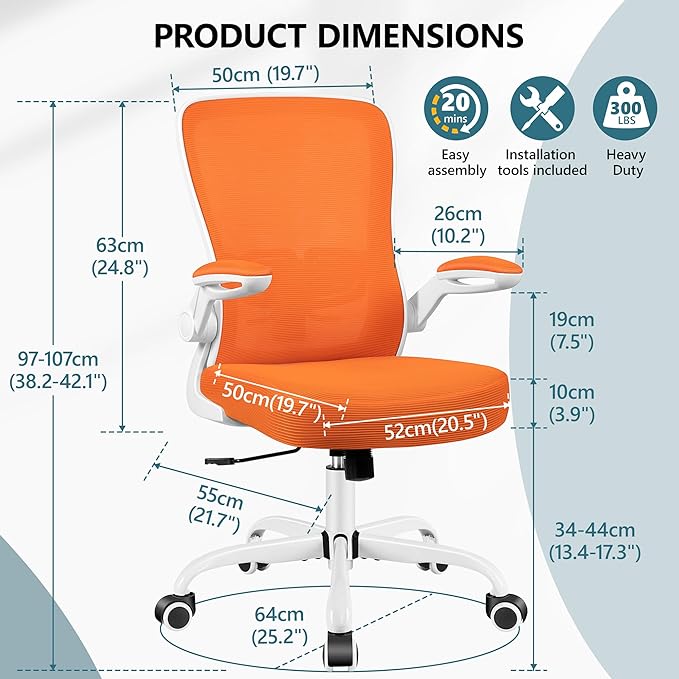 MINLOVE Office Chair Ergonomic Desk Chair with Adjustable Lumbar Support and Height, 90° Flip-up Armrests, Ergo Desk Chairs with Wheels, Home Work Use (Orange) - LeafyLoom