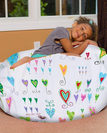 Posh Creations Bean Bag Chair for Kids, Teens, and Adults Includes Removable and Machine Washable Cover, Canvas Multi-Colored Hearts on White, 38in - Large - LeafyLoom
