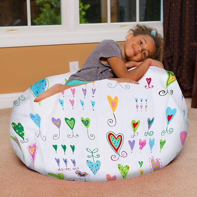 Posh Creations Bean Bag Chair for Kids, Teens, and Adults Includes Removable and Machine Washable Cover, Canvas Multi-Colored Hearts on White, 38in - Large - LeafyLoom