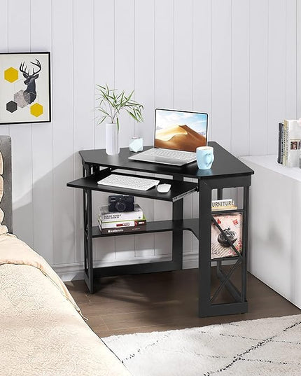 VECELO Corner Computer Desk Writing Smooth Keyboard Tray & Storage Shelves,Compact Home Office Triangle Table, Black - LeafyLoom