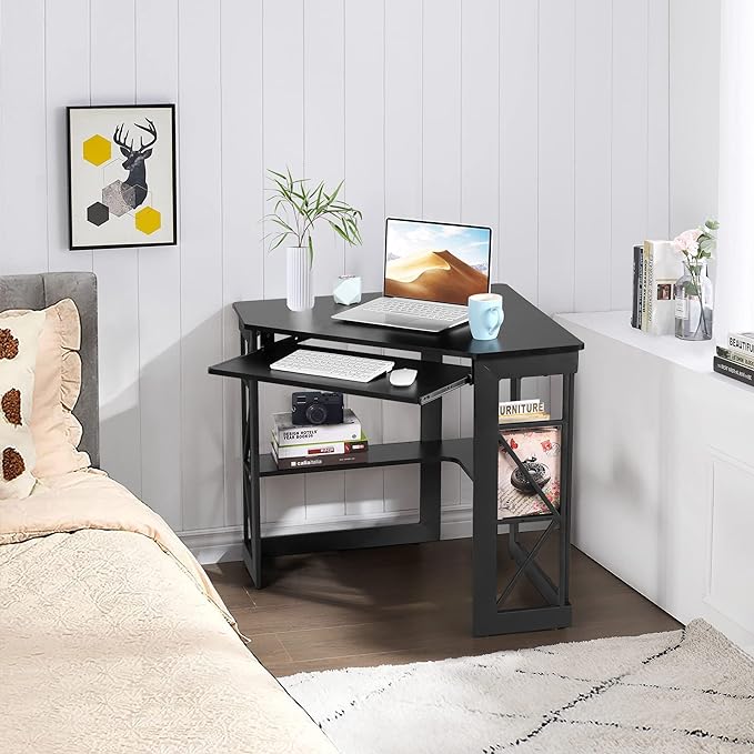 VECELO Corner Computer Desk Writing Smooth Keyboard Tray & Storage Shelves,Compact Home Office Triangle Table, Black - LeafyLoom