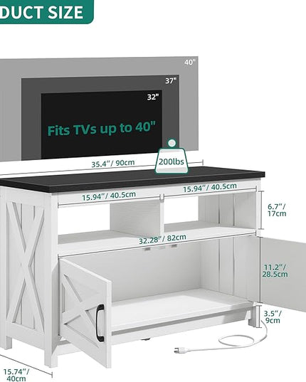 YITAHOME Entertainment Center with Power Outlets, RGB LED TV Stand for up to 40 Inch TVs, Farmhouse Media Console TV Cabinet for Living Room, X-Shape Design (35 Inches, Black/White) - LeafyLoom