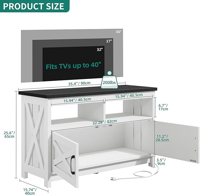 YITAHOME Entertainment Center with Power Outlets, RGB LED TV Stand for up to 40 Inch TVs, Farmhouse Media Console TV Cabinet for Living Room, X-Shape Design (35 Inches, Black/White) - LeafyLoom