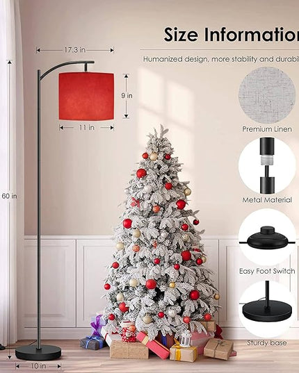 Modern Arc Floor Lamp with Dimmer Mid Century Abstract red Brushed Texture Cement Concrete Metal Standing Lamp with Linen Shade Footswitch for Living Room Bedroom Office - LeafyLoom