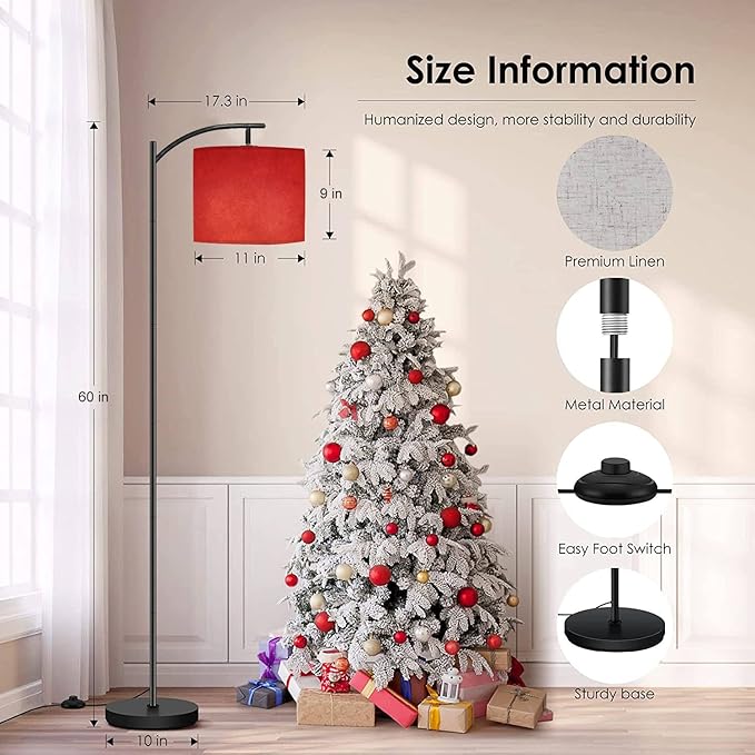 Modern Arc Floor Lamp with Dimmer Mid Century Abstract red Brushed Texture Cement Concrete Metal Standing Lamp with Linen Shade Footswitch for Living Room Bedroom Office - LeafyLoom