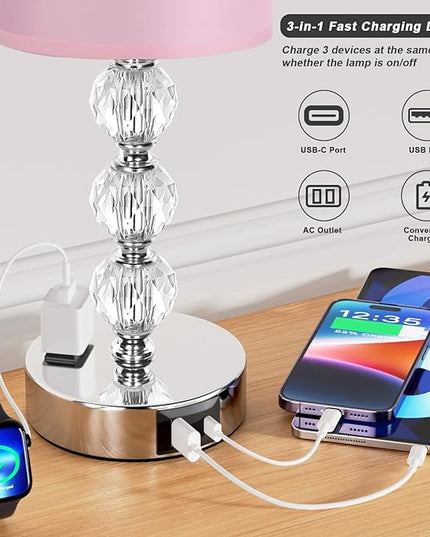 Pink Touch Bedside Lamps for Bedrooms - Crystal Table Lamp with USB C+A Charging Port and AC Outlet Nightstand, 3 Way Dimmable Silver Small End Side Table Lamp for Living/Guest/Dinning Room/Kitchen - LeafyLoom