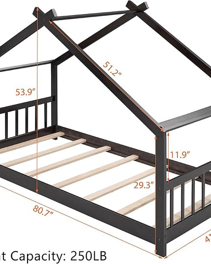 Montessori Floor Bed Frame Twin Size, Twin Floor Bed Frame with Headboard, Footboard and Slats, Wood Montessori Bed Frame/Montessori House Bed for Kids, Girls, Boys(Espresso) - LeafyLoom