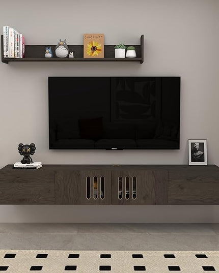 Pmnianhua Floating TV Stand,76'' Wall Mounted TV Cabinet, Mid Century TV Bench Under TV Entertainment Center Shelf TV Console Table with 4 Cabinets for Living Room Bedroom (Dark Grey) - LeafyLoom