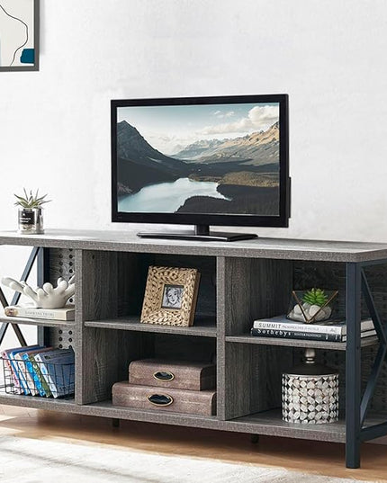LVB Rustic TV Stand for 55 Inch TV, Industrial Home Entertainment Center with Cabinet Storage Shelf, Modern Wood and Metal Television Media Console Table for Bedroom Living Room, Light Gray Oak, 47 In - LeafyLoom