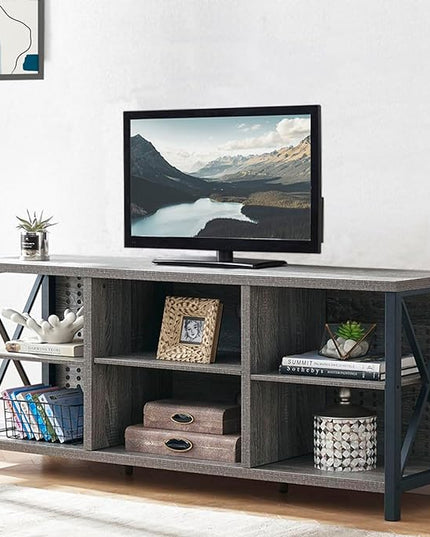 LVB Rustic Entertainment Center for 65 Inch TV, Industrial Wood TV Stand with Media Cabinet Storage, Farmhouse Metal Television Stands Console Table for Home Living Bedroom, Light Grey Oak, 55 Inch - LeafyLoom