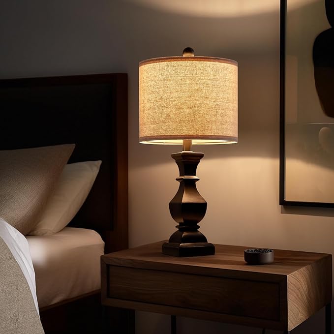 PoKat 20.5" Mid Century Table Lamp Sets of 2 for Living Room Retro Style Farmhouse Table Lamp for Bedroom Classic Beige Resin Bedside Night Light Lamps, Suitable for Small Place - LeafyLoom