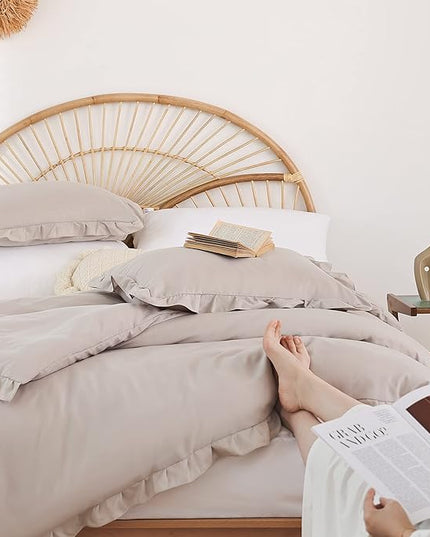 JANZAA King Size Ruffled Comforter Set Soft Vintage Farmhouse Bed Set Shabby Fluffy 3PCS Bedding (1 Oatmeal Comforter Set and 2 Pillowcases) - LeafyLoom