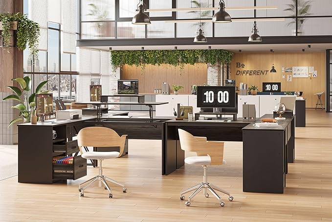 Bestier Lift Top L Shaped Desk with File Drawer, 55'' x 55'' Office Desk with Reversible Storage Drawers, L Shaped Standing Desk with Computer Monitor Stand (Retro Grey Oak Dark, 55'' x 55'') - LeafyLoom