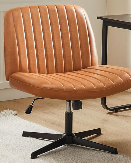 Sweetcrispy Criss Cross Chair Legged, Armless Office Desk Chair No Wheels, Swivel Vanity Chair, Height Adjustable Wide Seat Computer Task Chair, PU Leather Vanity Modern Home Chair Brown - LeafyLoom