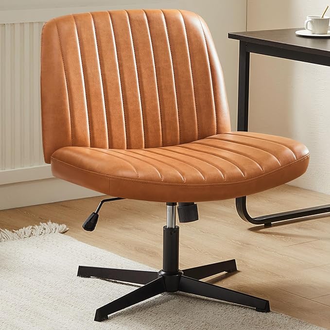 Sweetcrispy Criss Cross Chair Legged, Armless Office Desk Chair No Wheels, Swivel Vanity Chair, Height Adjustable Wide Seat Computer Task Chair, PU Leather Vanity Modern Home Chair Brown - LeafyLoom