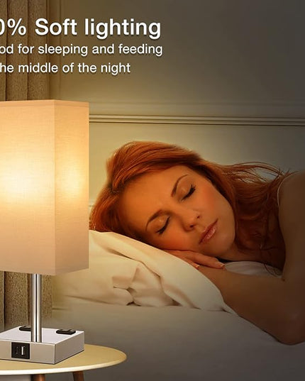 aooshine Set of 2 Touch Nightstand Lamp with USB-C+A Charge Ports& AC Outlets, 3-Way Dimmable Bedside Lamp with White Fabric Shade,Small Table Lamp for Bedroom Guest Room(Bulb Included) - LeafyLoom