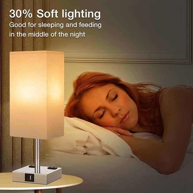 aooshine Set of 2 Touch Nightstand Lamp with USB-C+A Charge Ports& AC Outlets, 3-Way Dimmable Bedside Lamp with White Fabric Shade,Small Table Lamp for Bedroom Guest Room(Bulb Included) - LeafyLoom