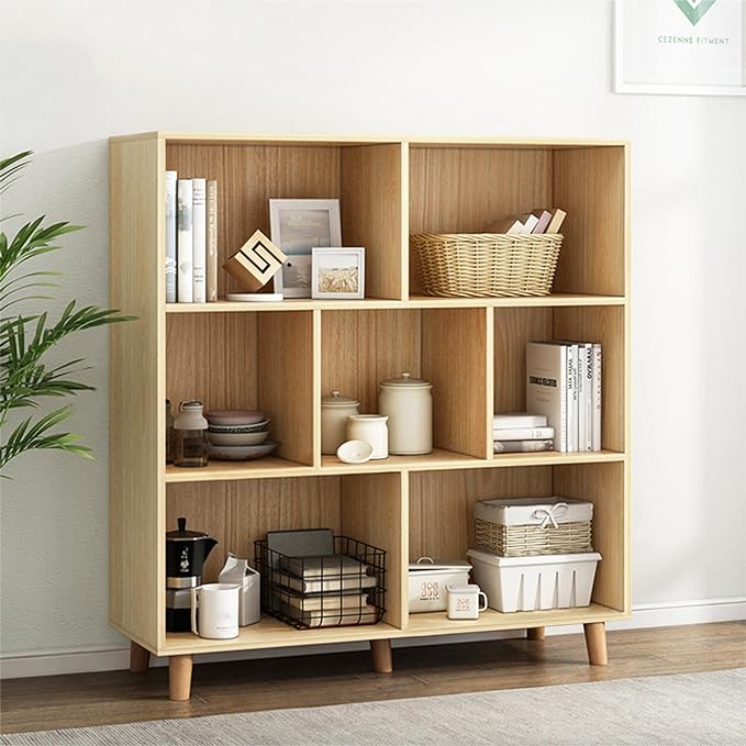 IOTXY Open Cube Low Bookcase - 3-Tier Freestanding Storage Display Cabinet Organizer with Legs for Home Office, 7-Cubes Open Shelf Short Bookshelf, Oak - LeafyLoom
