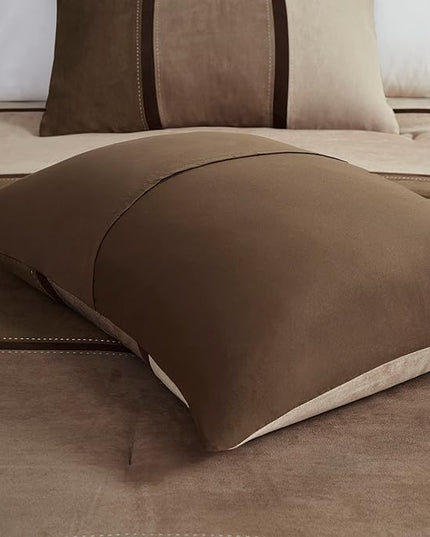 Madison Park Palisades Comforter Set Modern Faux Suede Pieced Stripe Design, All Season Down Alternative Cozy Bedding with Matching Shams, Decorative Pillows, Queen(90"x90"), Brown 7 Piece - LeafyLoom