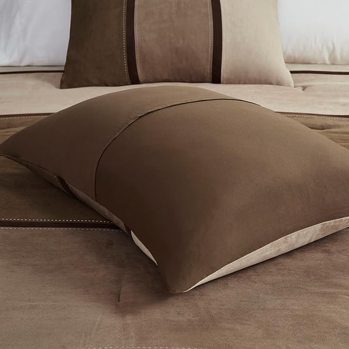 Madison Park Palisades Comforter Set Modern Faux Suede Pieced Stripe Design, All Season Down Alternative Cozy Bedding with Matching Shams, Decorative Pillows, Queen(90"x90"), Brown 7 Piece - LeafyLoom