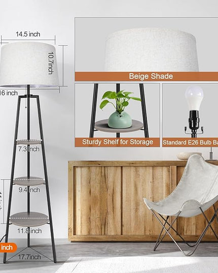 OUTON Tripod Floor Lamp with Shelves, Modern Shelf Floor Lamp with 3 Color Temperature, LED Dimmable Tall Standing Corner Lamp with Beige Linen Texture Shade for Living Room, Bedroom, Office, Grey - LeafyLoom
