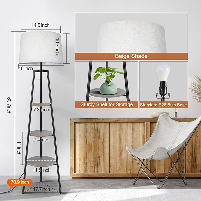 OUTON Tripod Floor Lamp with Shelves, Modern Shelf Floor Lamp with 3 Color Temperature, LED Dimmable Tall Standing Corner Lamp with Beige Linen Texture Shade for Living Room, Bedroom, Office, Grey - LeafyLoom