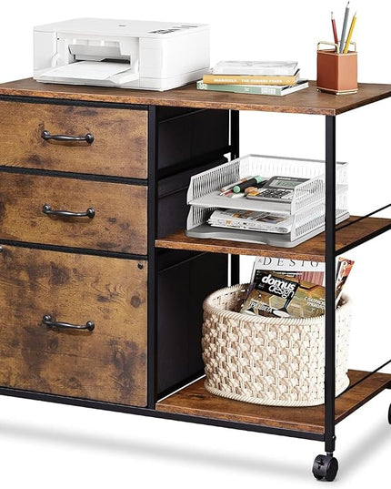 DEVAISE 3 Drawer Mobile File Cabinet, Rolling Printer Stand with Open Storage Shelf, Fabric Lateral Filing Cabinet fits A4 or Letter Size for Home Office, Rustic Brown Wood Grain Print - LeafyLoom