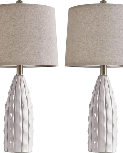 23.75" Modern White Ceramic Lamps Set of 2 for Living Room Study Room Office Dorm Farmhouse Nightstand, End Table Lamps - LeafyLoom
