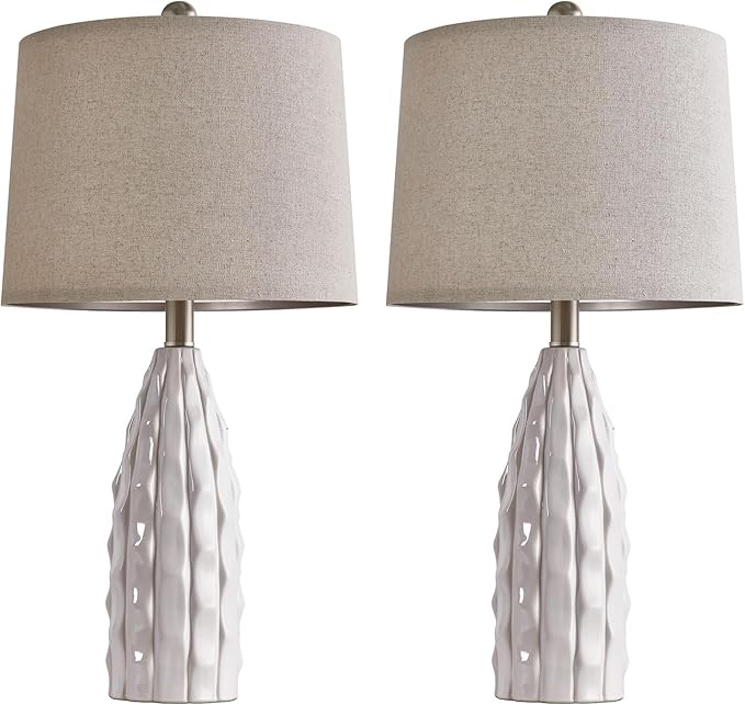 23.75" Modern White Ceramic Lamps Set of 2 for Living Room Study Room Office Dorm Farmhouse Nightstand, End Table Lamps - LeafyLoom