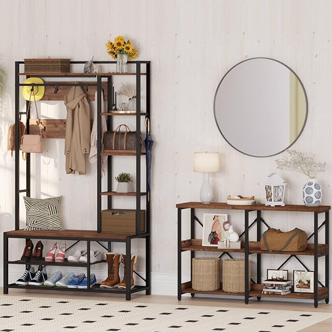 BON AUGURE Rustic Console Table with Shelves, 3 Tier Sofa Table Behind Couch for Living Room, Wood Metal Entryway Table for Hallway, Foyer, Entrance (47 Inch, Rustic Oak) - LeafyLoom