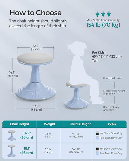 SONGMICS Kids Wobble Chair, Wiggle Stool for Kids Ages 5-8, Comfortable 60D Foam Seat, Breathable Fabric, Anti-Slip Base, 14.2-Inch High, Tool-Free Assembly, Pale Blue and Dove Gray UOSC009Q01 - LeafyLoom