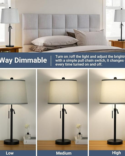 Bedside Table Lamps Set of 2: Tall Table Lamps for Living Room 22" to 30" Height Adjustable Black Bedroom Nightstand Lamps | 3-Way Dimmable with Pull Chain Switch End Table Lamp for Office Farmhouse - LeafyLoom