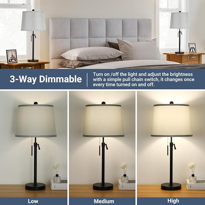 Bedside Table Lamps Set of 2: Tall Table Lamps for Living Room 22" to 30" Height Adjustable Black Bedroom Nightstand Lamps | 3-Way Dimmable with Pull Chain Switch End Table Lamp for Office Farmhouse - LeafyLoom