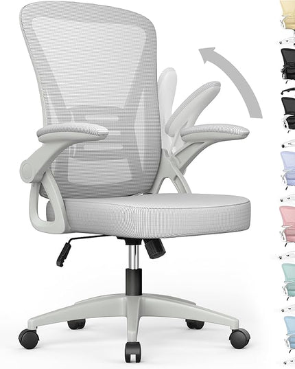 naspaluro Ergonomic Office Chair, Mid Back Desk Chair with Adjustable Height, Swivel Chair with Flip-Up Arms and Lumbar Support, Breathable Mesh Computer Chair for Home/Study/Working, Grey - LeafyLoom