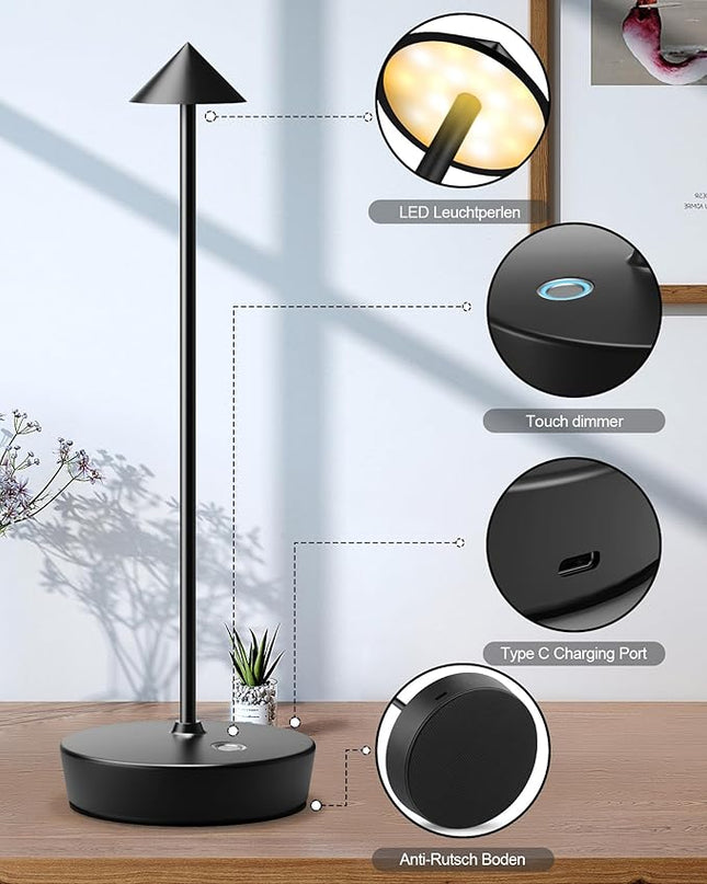 Cordless Table Lamps Rechargeable, 6000mAh Battery Operated LED Desk Lamp Outdoor Waterproof Portable Touch Dimmable Table Night Light for Patio Restaurant Dining Home Black - LeafyLoom