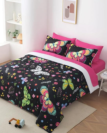 Girls Butterfly Comforter Set Queen Size Colorful Flowers Leaves Bedding Set for Kids Teens Adults Black 7 Piece Bed in A Bag Super Soft All Season - LeafyLoom