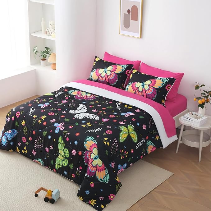 Girls Butterfly Comforter Set Queen Size Colorful Flowers Leaves Bedding Set for Kids Teens Adults Black 7 Piece Bed in A Bag Super Soft All Season - LeafyLoom