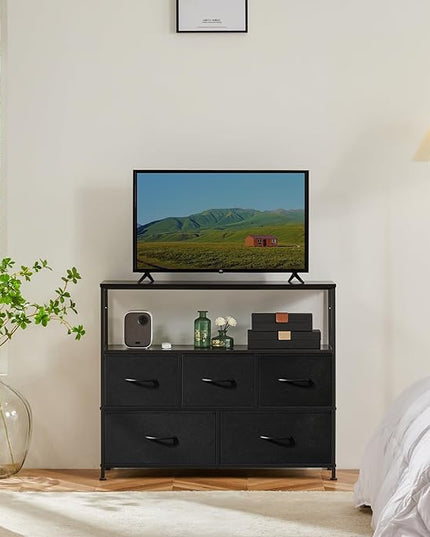 Sweetcrispy TV Stand for Bedroom, TV Dresser for 45 inches, Media Console Table, Entertainment Center with 5 Fabric Drawers Cabinet and Open Storage Shelf Furniture Cabinet for Living Room, Hallway - LeafyLoom