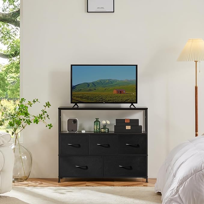 Sweetcrispy TV Stand for Bedroom, TV Dresser for 45 inches, Media Console Table, Entertainment Center with 5 Fabric Drawers Cabinet and Open Storage Shelf Furniture Cabinet for Living Room, Hallway - LeafyLoom