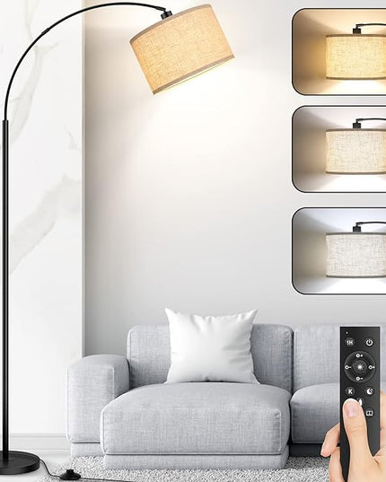 Arc Floor Lamps for Living Room, Modern Remote Control Standing Lamp with Stepless Dimmable, Black Tall Floor Lamp,Over Couch Arched Reading Light for Bedroom, Office(Bulb Included) - LeafyLoom