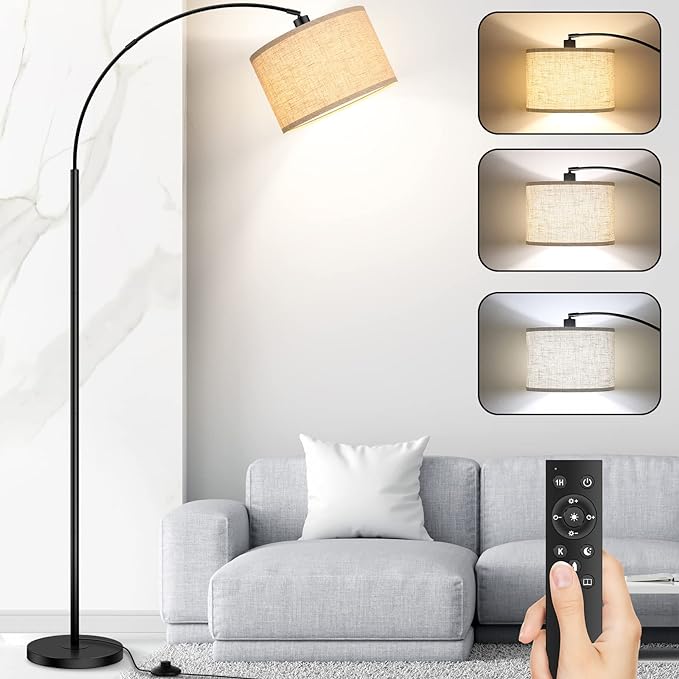 Arc Floor Lamps for Living Room, Modern Remote Control Standing Lamp with Stepless Dimmable, Black Tall Floor Lamp,Over Couch Arched Reading Light for Bedroom, Office(Bulb Included) - LeafyLoom