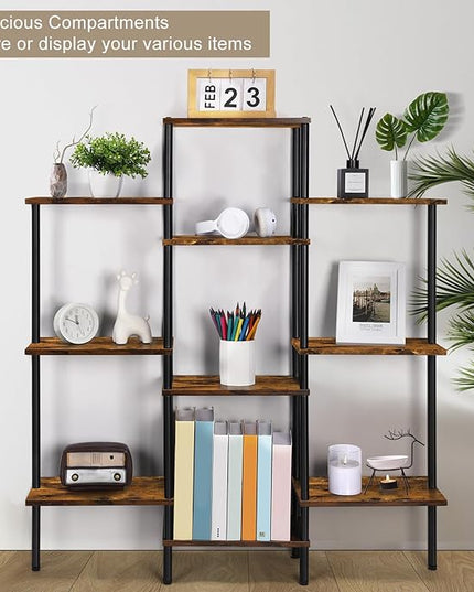 4-Tier Bookshelf,Small Triple Wide Bookcase for Books,CDs,Movies,Display Shelf with 10 Open Shelves for Living Room,Home Office,Balcony,Rustic Brown - LeafyLoom