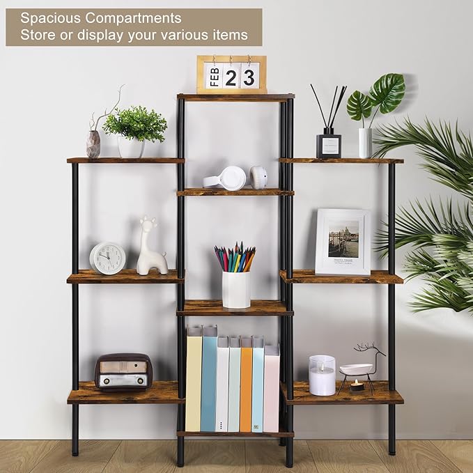 4-Tier Bookshelf,Small Triple Wide Bookcase for Books,CDs,Movies,Display Shelf with 10 Open Shelves for Living Room,Home Office,Balcony,Rustic Brown - LeafyLoom