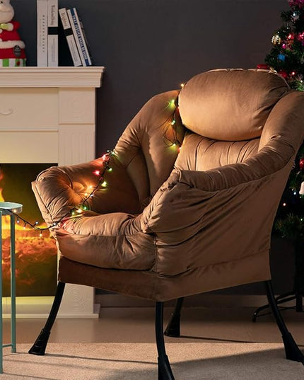 HollyHOME Modern Fabric Large Lazy Chair, Accent Oversized Comfy Reading Chair, Thick Padded Cozy Lounge Chair with Armrest, Steel Frame Leisure Sofa Chair for Living Room, Bedroom, Dorm, Dark Brown - LeafyLoom