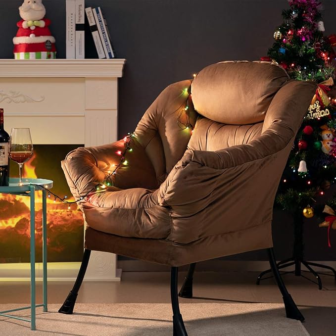 HollyHOME Modern Fabric Large Lazy Chair, Accent Oversized Comfy Reading Chair, Thick Padded Cozy Lounge Chair with Armrest, Steel Frame Leisure Sofa Chair for Living Room, Bedroom, Dorm, Dark Brown - LeafyLoom