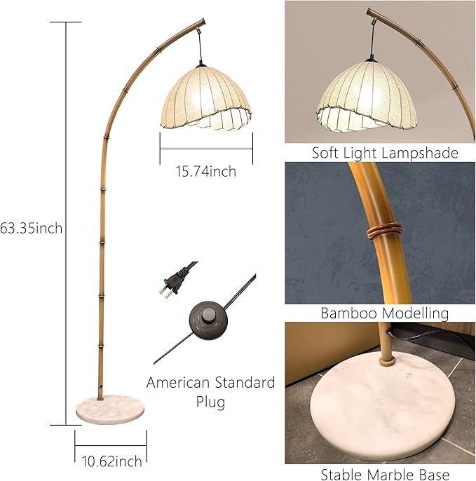 Bamboo Floor Lamp, Boho Floor Lamps, Modern Tall Standing Lamps Retro Arc Floor Lamp for Living Room Restaurant Home Decorative, Fishing Floor Lamp(Trichromatic Light Change) - LeafyLoom