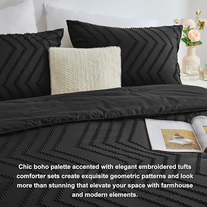 CozyLux King Size Comforter Set Black - 3 Pieces Black Boho Tufted Shabby Chic Bedding Comforter Set for All Seasons, Chevron Bedding Sets with Comforter & 2 Pillow Shams - LeafyLoom